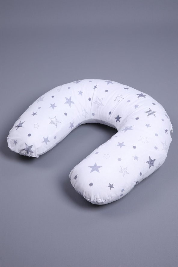 Babyhola Emzirme Yastığı Minderi Yıkanabilir Fermuarlı Dış Kılıf Yıldız Desen Beyaz Gri 1030 - 2