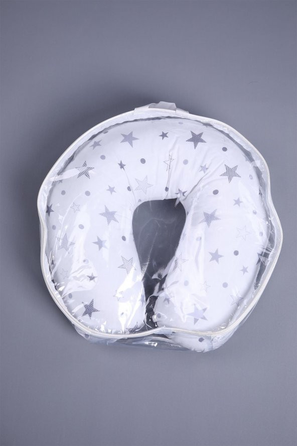 Babyhola Emzirme Yastığı Minderi Yıkanabilir Fermuarlı Dış Kılıf Yıldız Desen Beyaz Gri 1030 - 3