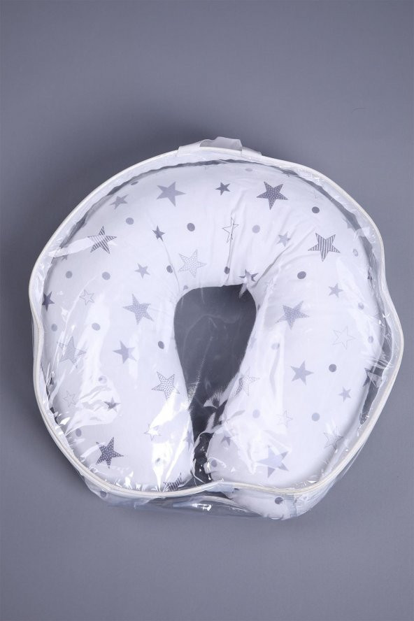 Babyhola Emzirme Yastığı Minderi Yıkanabilir Fermuarlı Dış Kılıf Yıldız Desen Beyaz Gri 1030 - 4