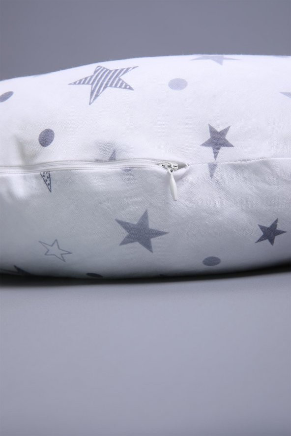 Babyhola Emzirme Yastığı Minderi Yıkanabilir Fermuarlı Dış Kılıf Yıldız Desen Beyaz Gri 1030 - 5