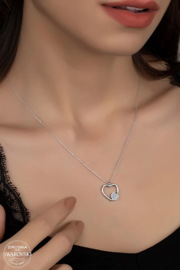 Swarovski Zirconia Kadın Kalp 13 Taşlı Montür Gümüş Kolye - 1
