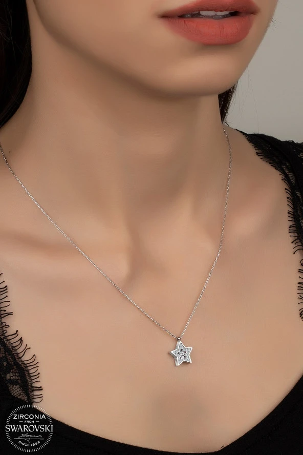 Swarovski Zirconia Kadın Star Yıldız Büyük Gümüş Kolye