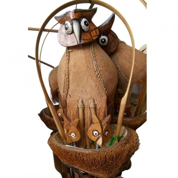 Coconat Yuvalı Yavrulu Baykuş Bambu Rüzgar Çanı 90 cm - Resim 2