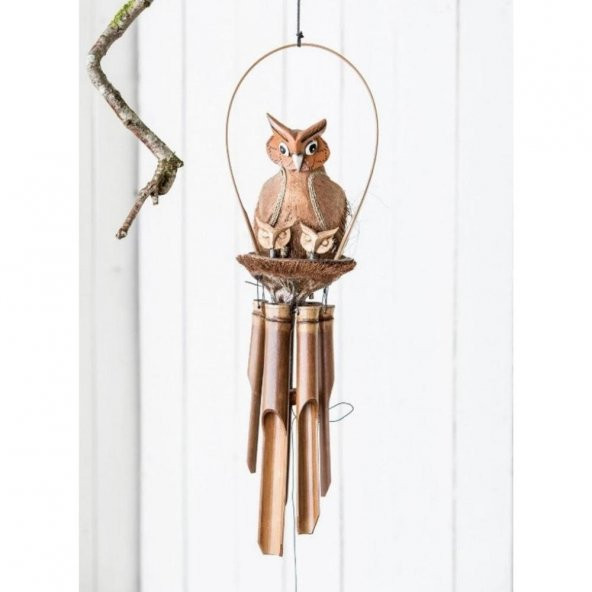 Coconat Yuvalı Yavrulu Baykuş Bambu Rüzgar Çanı 90 cm - Resim 3
