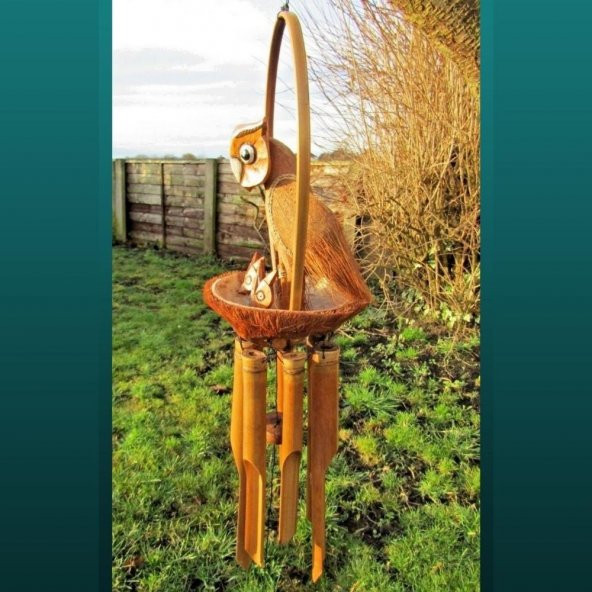 Coconat Yuvalı Yavrulu Baykuş Bambu Rüzgar Çanı 90 cm - Resim 4