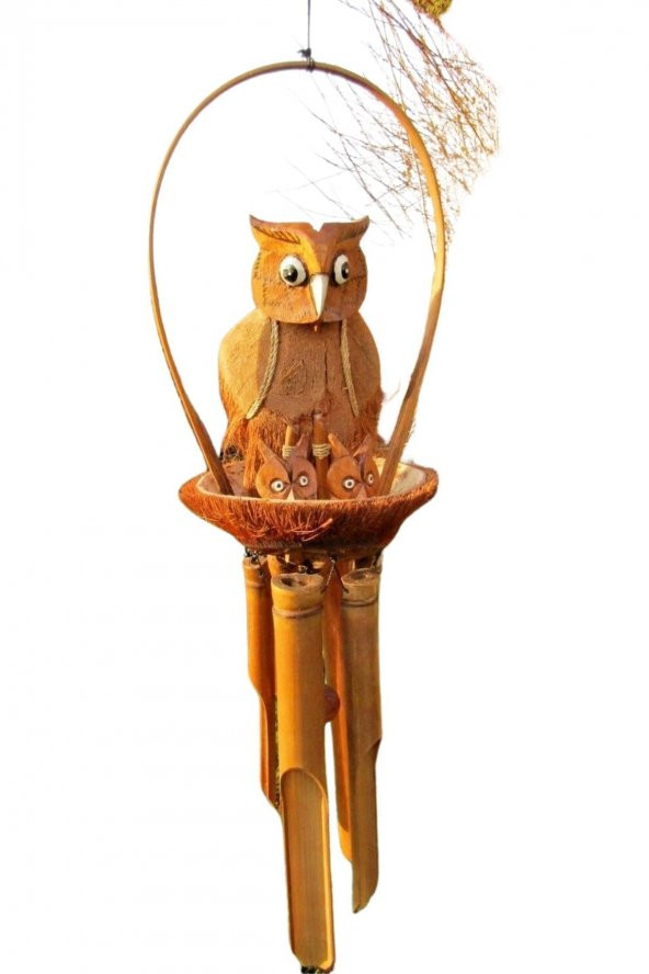 Coconat Yuvalı Yavrulu Baykuş Bambu Rüzgar Çanı 90 cm - Resim 6