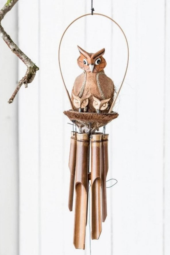 Coconat Yuvalı Yavrulu Baykuş Bambu Rüzgar Çanı 90 cm - Resim 8