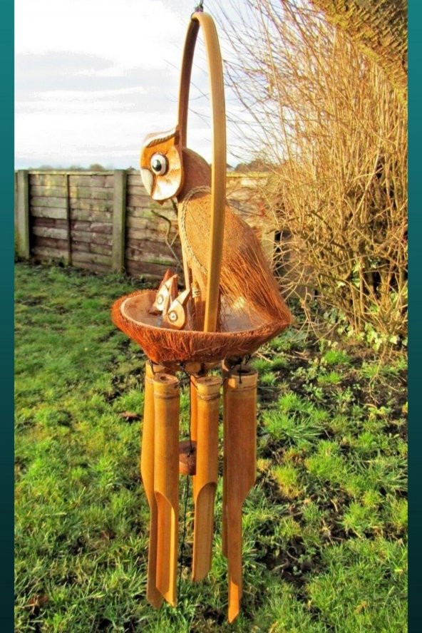 Coconat Yuvalı Yavrulu Baykuş Bambu Rüzgar Çanı 90 cm - Resim 9
