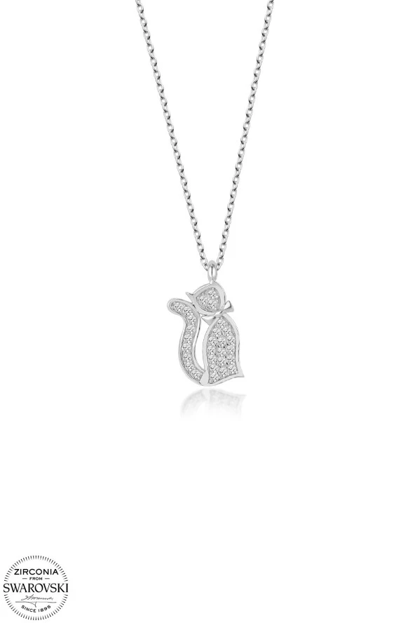 Swarovski Zirconia Kadın Kedi Gümüş Kolye - 2