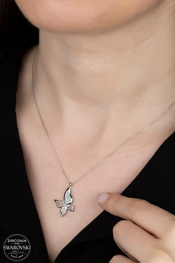 Union Swarovski Zirconia Kadın Kelebek Gümüş Kolye - 1