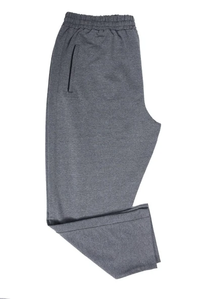 Battal Beden Beli Lastikli Eşofman Paçası Düz Gri Renk Siyah Cep Detayı - 9