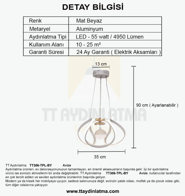 TT Aydınlatma TT306-TPL-BY  Kavis Modeli Mat Beyaz Tek Toplu 3 Renk Modüllü Ledli Avize - Resim 4