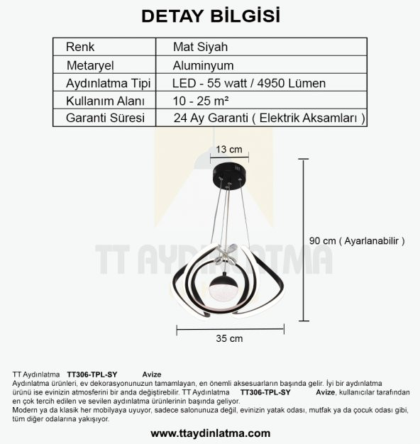 TT Aydınlatma TT306-TPL-SY  Kavis Modeli Mat Siyah Tek Toplu 3 Renk Modüllü Ledli Avize - 4