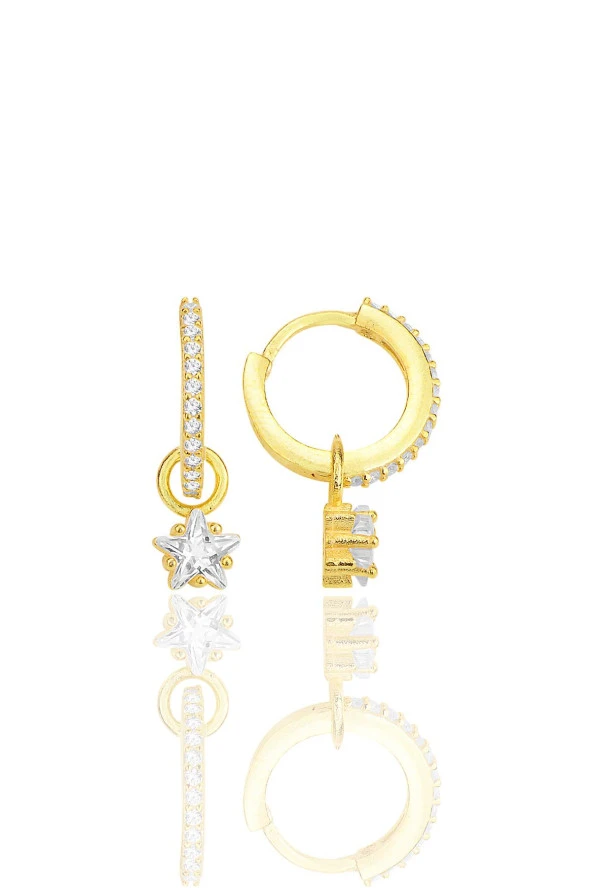 Gümüş altın yaldızlı yıldız kesim zirkon taşlı halka küpe SGTL12251GOLD ürün görseli