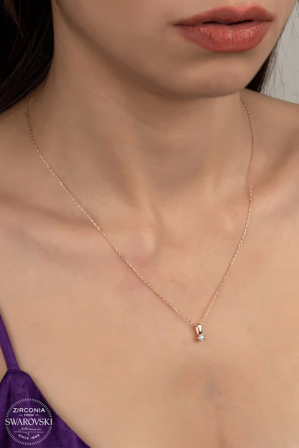 Union Swarovski Zirconia Kadın Mini Tektaş Rose Gümüş Kolye