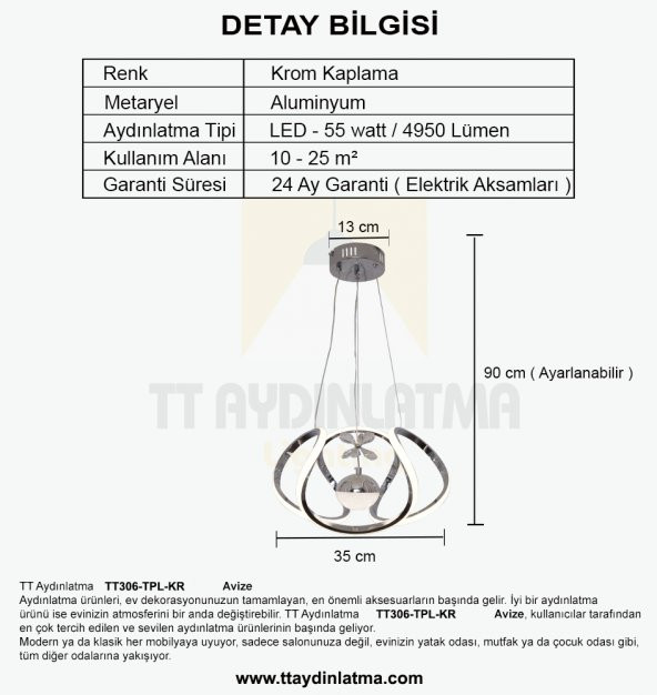 TT Aydınlatma TT306-TPL-KR  Kavis Modeli Krom Kaplama Tek Toplu 3 Renk Modüllü Ledli Avize - 4
