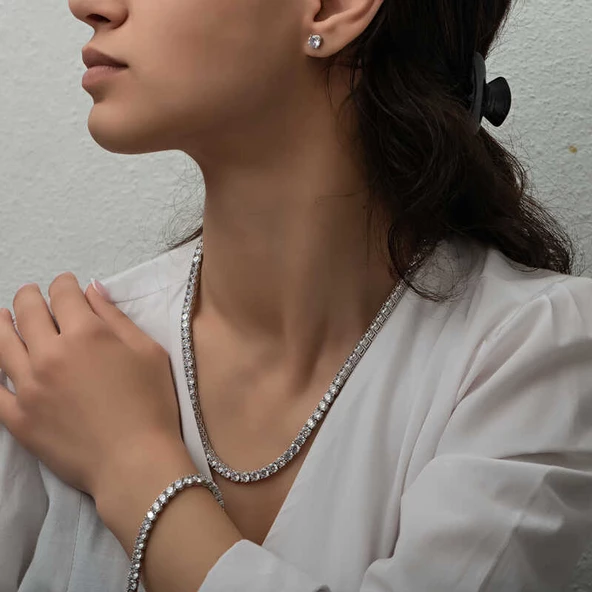 Gümüş 5 mm Beyaz Taşlı Su Yolu Kadın Set SL5339 - Resim 2