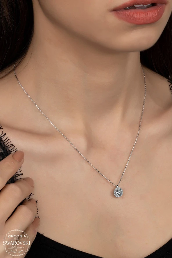 Swarovski Zirconia Kadın Pırlanta Montür 16 Taşlı Gümüş Kolye