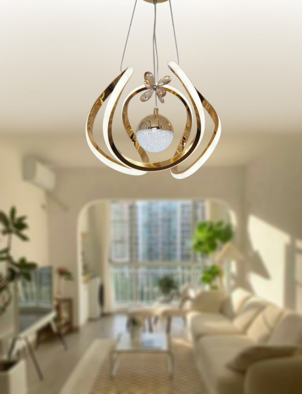 TT Aydınlatma TT306-TPL-SR  Kavis Modeli Sarı Kaplama Tek Toplu 3 Renk Modüllü Ledli Avize - 2