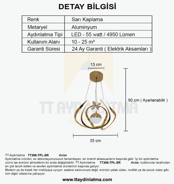 TT Aydınlatma TT306-TPL-SR  Kavis Modeli Sarı Kaplama Tek Toplu 3 Renk Modüllü Ledli Avize - 5