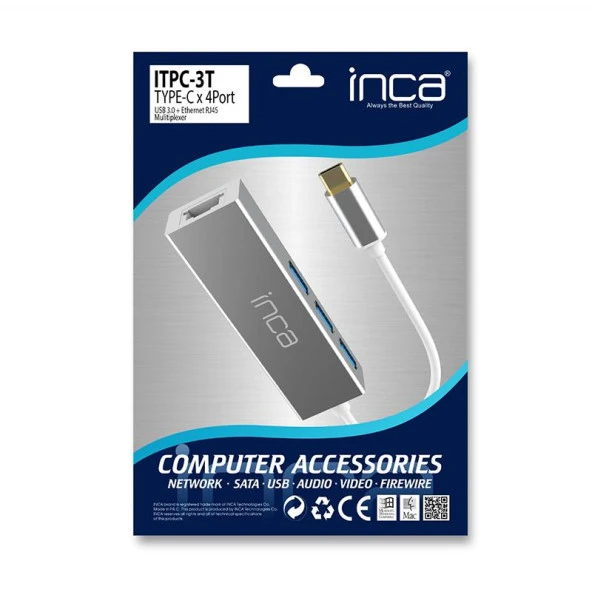Inca Type-C Girişli 4 Port Usb 3.0 Çoklayıcı Hub + Ethernet RJ45 Mulitiplexer - 4