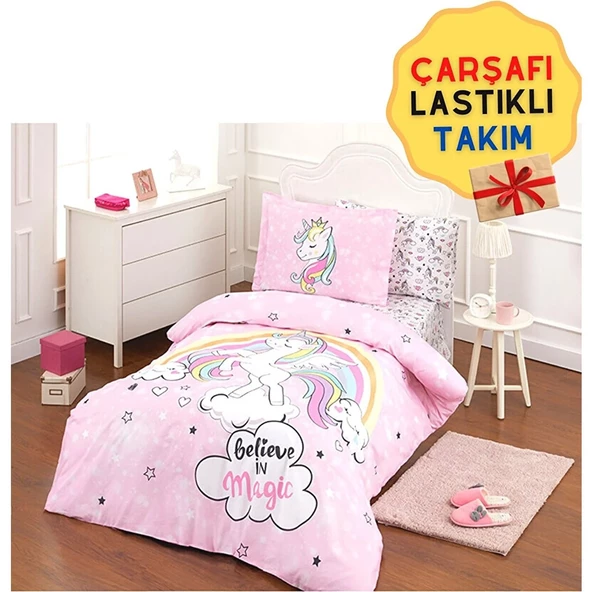 Özdilek Pembe Unicorn Lastikli Çarşaf Tek Kişilik Nevresim Takımı 5253