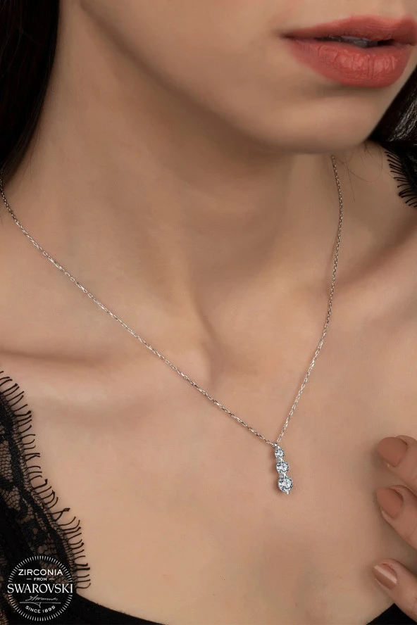 Swarovski Zirconia Kadın Üç Taş Süzme Gümüş Kolye - 1
