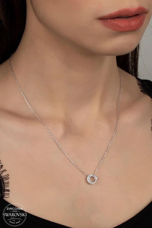 Swarovski Zirconia Kadın Türk Bayrağı Ay Yıldız Gümüş Kolye