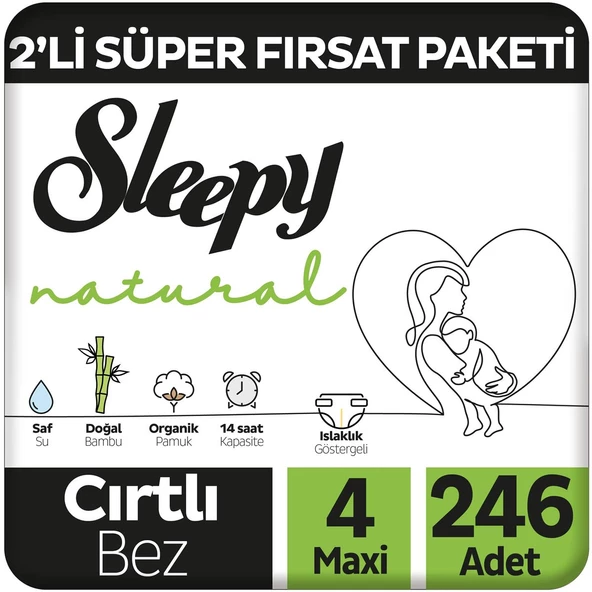 Sleepy Natural 2'li Süper Fırsat Paketi Bebek Bezi 4 Numara Maxi 246 Adet