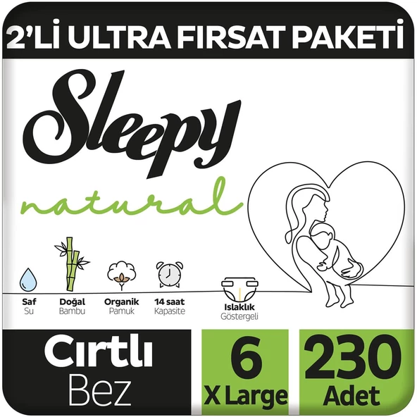 Sleepy Natural 2'li Ultra Fırsat Paketi Bebek Bezi 6 Numara Xlarge 230 Adet