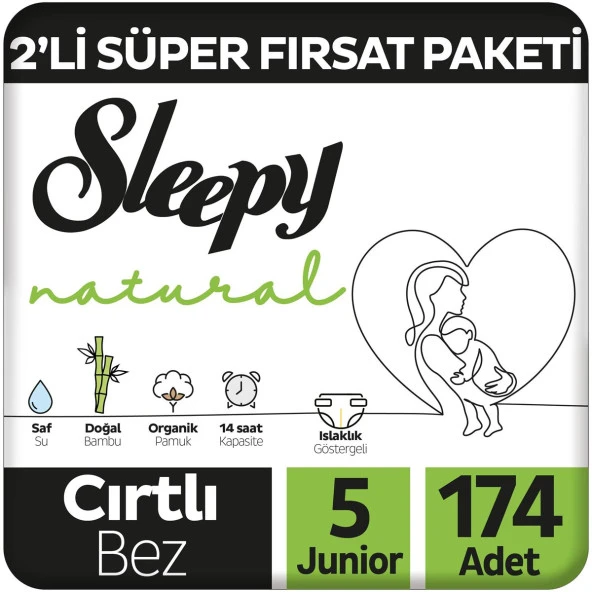 Sleepy Natural 2'li Süper Fırsat Paketi Bebek Bezi 5 Numara Junior 174 Adet