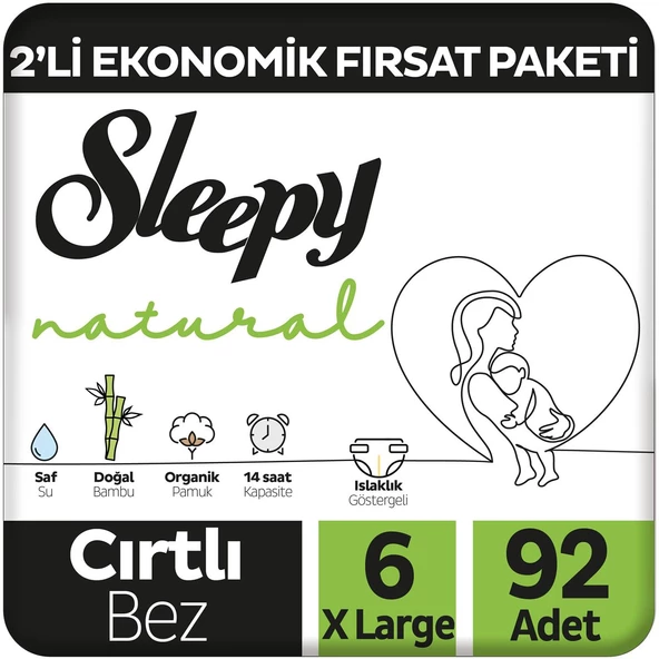 Sleepy Natural 2'li Ekonomik Fırsat Paketi Bebek Bezi 6 Numara Xlarge 92 Adet