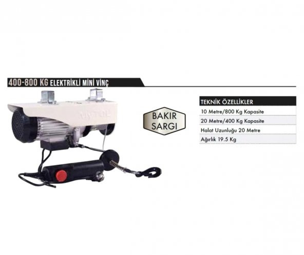 Mytol Mv0800 Bakır Sargı 400-800 Kg Elektrikli Mini Vinç - 2