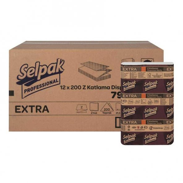Selpak Extra Dispenser Kağıt Havlu - Z Katlama Havlu - 2 Kat - 200 Adetlik 12 Paket / Koli