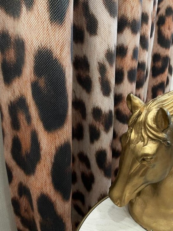 Nevira Model Keten Görünümlü Leopar Desen Amerikan Pile Fon Perde  Kahverengi 90 x 260