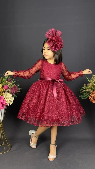 Pullu Simli Dantel Tokalı Kız Çocuk Abiye MNK0538 - Resim 6