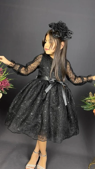 Pullu Simli Dantel Tokalı Kız Çocuk Abiye MNK0538 - Resim 11