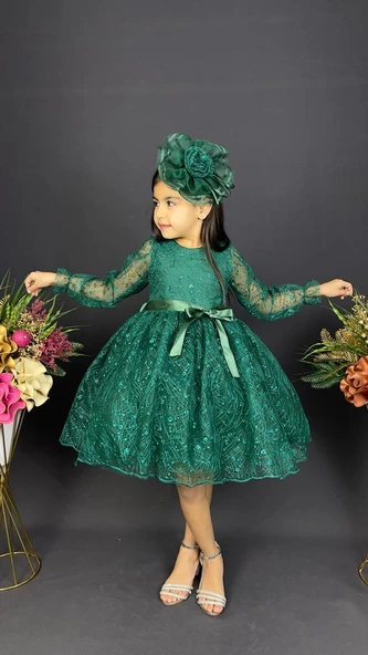 Pullu Simli Dantel Tokalı Kız Çocuk Abiye MNK0538 - Resim 12