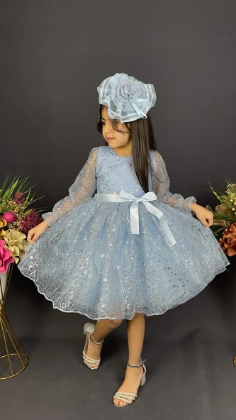 Pullu Simli Dantel Tokalı Kız Çocuk Abiye MNK0538 - Resim 7