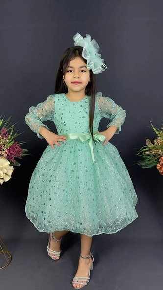 Pullu Simli Dantel Tokalı Kız Çocuk Abiye MNK0538 - Resim 3