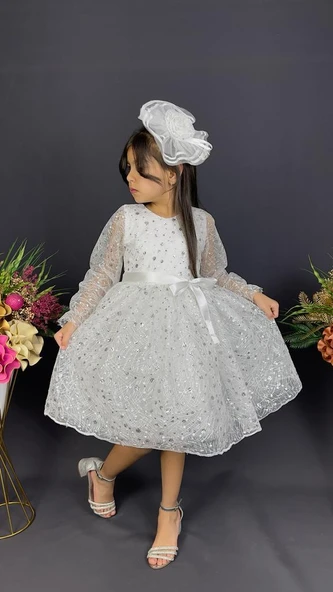 Pullu Simli Dantel Tokalı Kız Çocuk Abiye MNK0538 - Resim 4