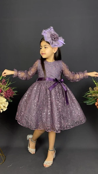 Pullu Simli Dantel Tokalı Kız Çocuk Abiye MNK0538 - Resim 10