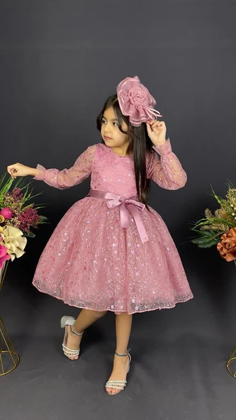 Pullu Simli Dantel Tokalı Kız Çocuk Abiye MNK0538 - Resim 8