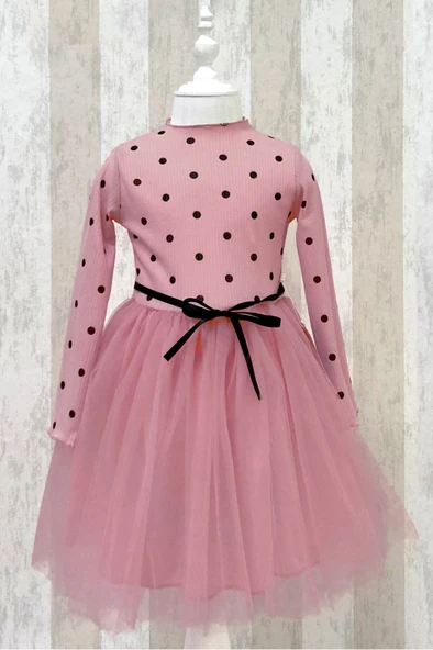 Kız Puantiyeli Tütülü Günlük Elbise MNK0416 - Resim 15