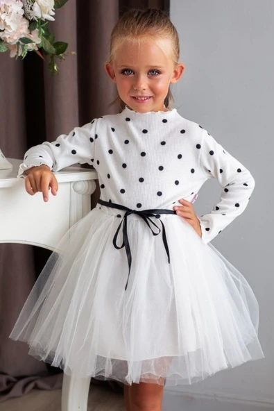 Kız Puantiyeli Tütülü Günlük Elbise MNK0416 - Resim 2