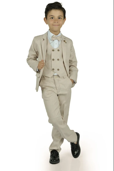 6 Düğme Yelekli Ceketli Çocuk Tam Takım Elbise MNK0523 - 7