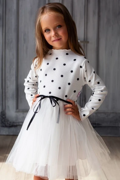 Kız Puantiyeli Tütülü Günlük Elbise MNK0416 - Resim 7