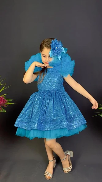 Tavus Kol Payetli Kumaş Kız Çocuk Elbise MNK0537 - Resim 7