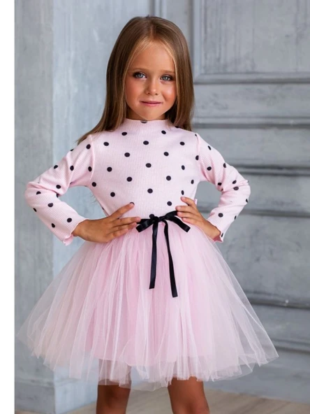 Kız Puantiyeli Tütülü Günlük Elbise MNK0416 - Resim 11