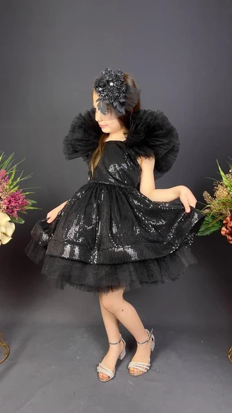 Tavus Kol Payetli Kumaş Kız Çocuk Elbise MNK0537 - Resim 3